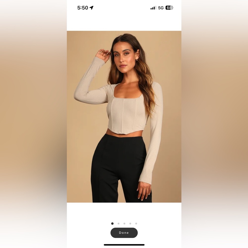 Beige ribbed long sleeve bustier crop top